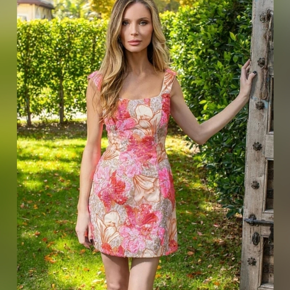 NWT Muse by Marchesa Romy Floral Sequin A-Line Mini Dress Sz 14 Pink Orange - Picture 3 of 15
